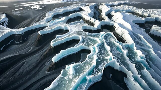 Svinafellsjokull Glacier showcases jagged ice formations intertwined with dark layers of volcanic ash, emphasizing the dynamic interaction between ice and volcanic geology.