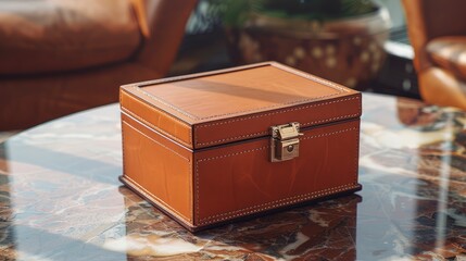 Elegant leather box on a marble table in a stylish interior with greenery in the background