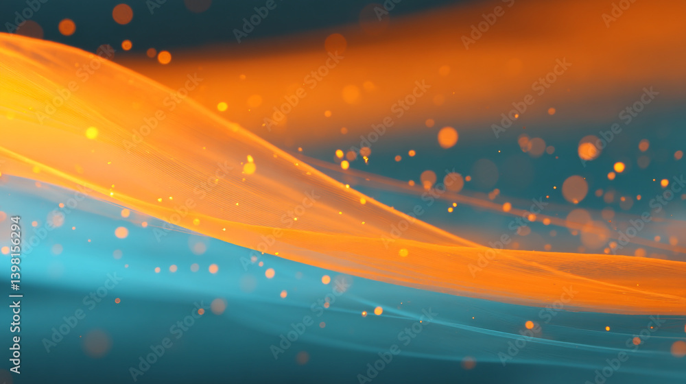 Poster abstract orange ribbon flowing over a teal background with bokeh light particles scattered around