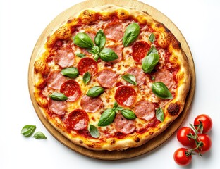 Pepperoni pizza with basil