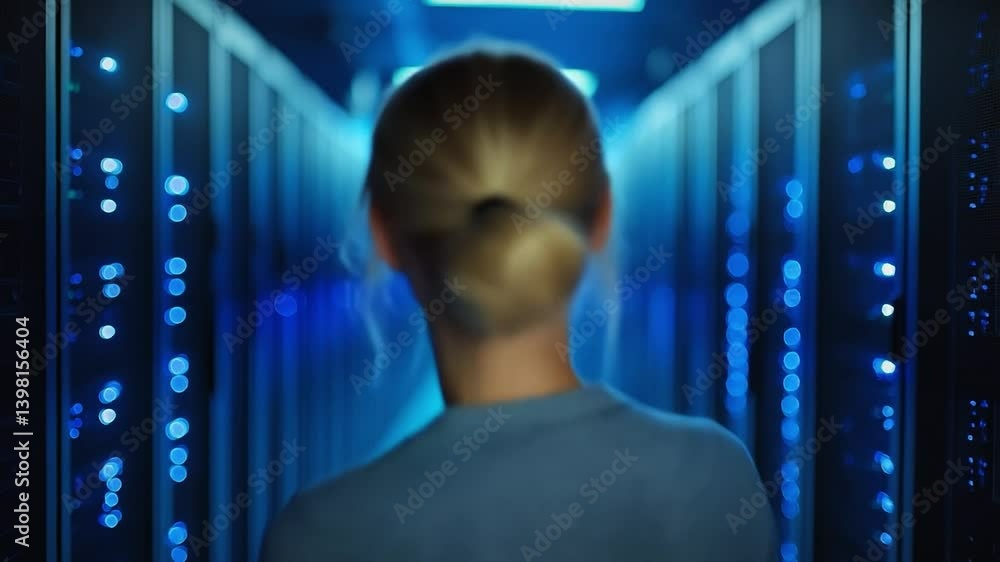 Poster discovering glowing servers. a person walks through a dimly lit data center, surrounded by rows of i