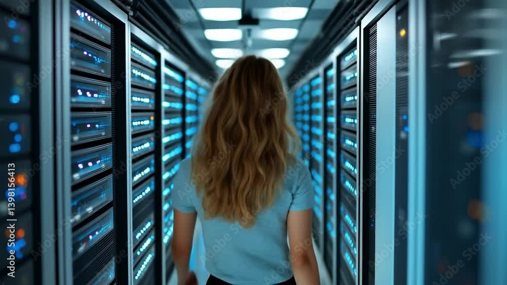 Poster exploring a modern data center facility. a woman walks through a high-tech data center, navigating r
