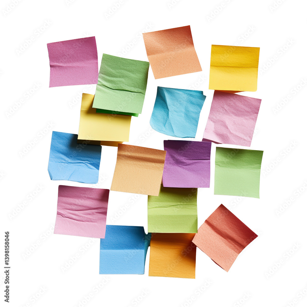 Poster bunch of sticky notes in various colors piled together on a desktop surface ready to capture ideas a