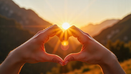 Heart-shaped hands framing sun over mountain valley at sunset