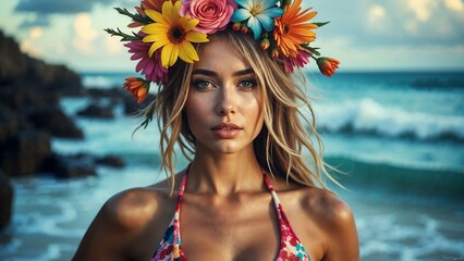 Intimate portrait of a woman in bikini with floral headdress against coastal landscape