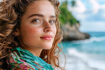 Close-up of a woman by the shore with flowing hair and tropical cliffs in the background