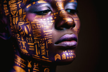 Portrait de femme noir avec maquillage doré égyptien sur le visage