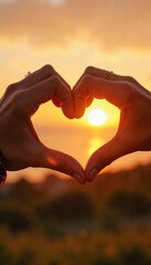 Hands forming heart shape around sunset over scenic landscape Heart hands with sun flare 