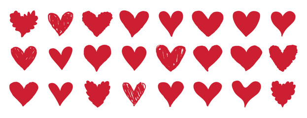 red heart icon set. Hand drawn textured hearts love concept signs