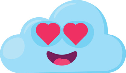 Blue beloved Emoji Cloud with pulsating heart shaped eyes. Design element for children weather forecast. Funny kids icon. Simple cartoon vector element isolated on white background