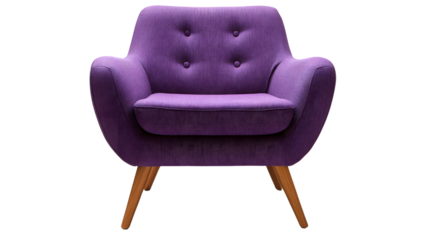 Chic Purple Armchair with Wooden Legs on White Background: Stylish and Contemporary Furniture Concept