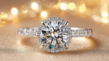 Fototapeta premium Classic diamond ring set against a softly lit background, perfect for a timeless engagement moment.