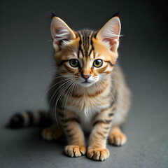 Obraz premium Cute kitten sitting on wooden floor looking at camera, close-up portrait of cute domestic cat indoors, vivid fur pattern, big joyful green eyes, adorable bengal kitten, soft lighting