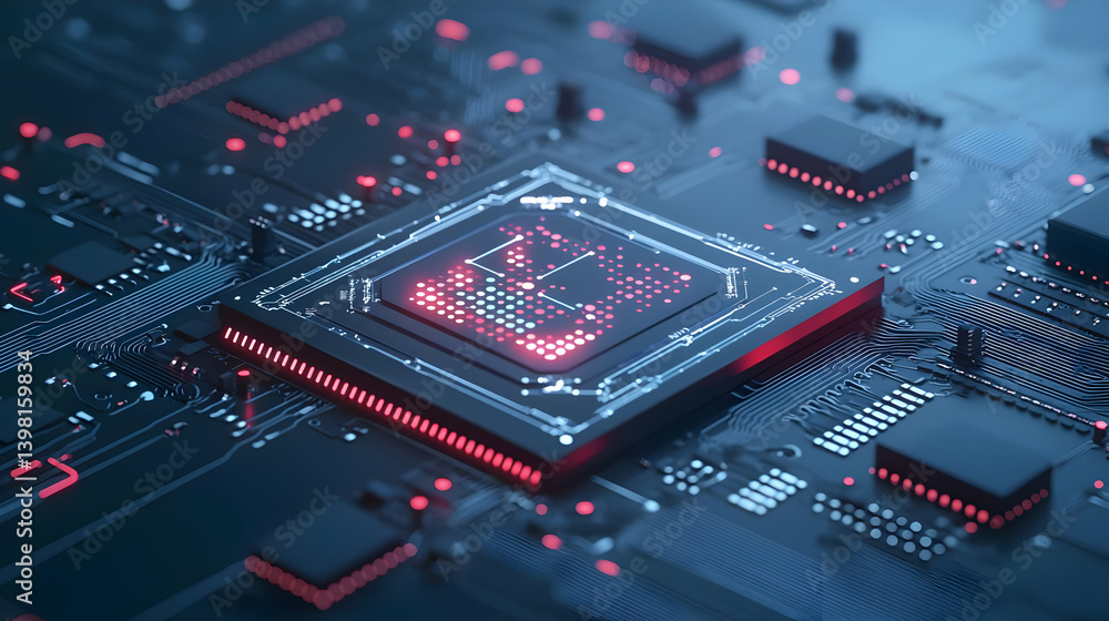 Poster closeup of illuminated circuit board with processor