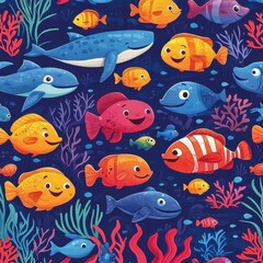 Fototapeta premium A colorful underwater scene featuring various cartoonish fish and marine life, surrounded by vibrant corals on a dark blue background.