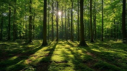 Fototapeta premium Sunlight filtering through lush green forest canopy, casting shadows on mossy forest floor.