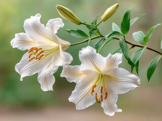 Obraz premium A close-up of elegant white lilies with green leaves, showcasing their delicate petals and vibrant stamens in a softly blurred background.