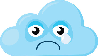 Blue offended crying Emoji Cloud with tears rolling down his eyes. Design element for children weather forecast. Funny kids icon. Simple cartoon vector element isolated on white background