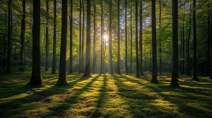 Obraz premium Sunlight streams through a dense forest, illuminating the mossy forest floor with long shadows.