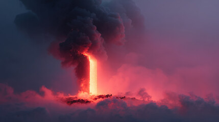 A surreal scene of a fiery waterfall cascading through dark clouds under a pink and purple sky
