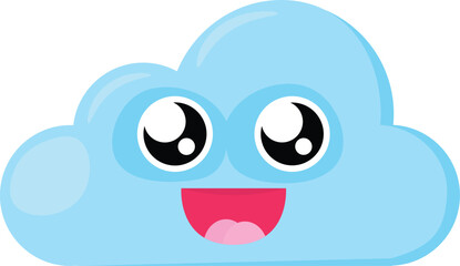 Obraz premium Blue happy Emoji Cloud with glowing eyes and open mouth in surprise. Design element for children weather forecast. Funny kids icon. Simple cartoon vector element isolated on white background