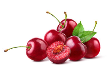 Cherry with cut in half isolated on white background.