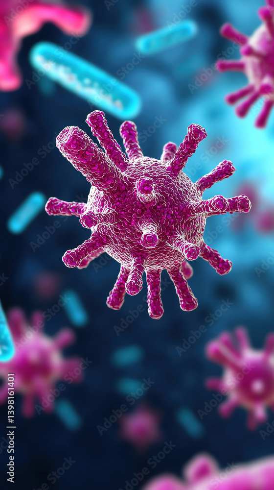 Poster vibrant microscopic view of viruses, showcasing intricate structures and colors, highlighting their 