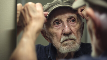 Elderly man adjusting cap in mirror, deep eyes quiet