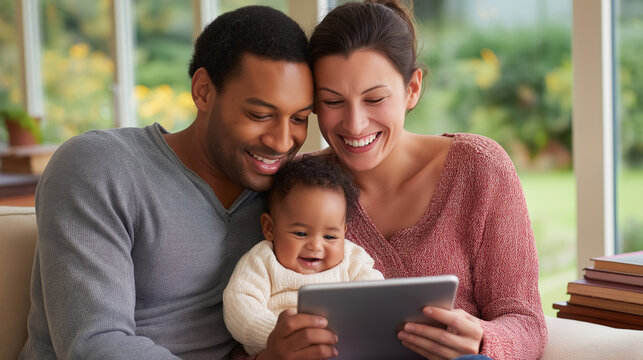 A joyful mixed-race family enjoying time together in a cozy living room