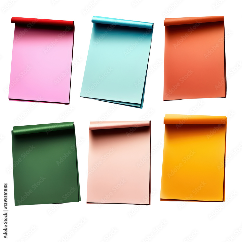Poster a set of four distinctively colored sheets of paper arranged neatly on a black background showcasing