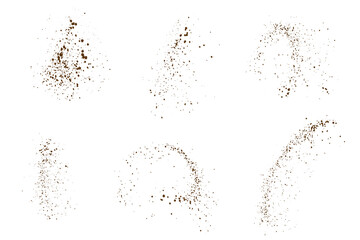 Vector set of spray flying coffee and chocolate powder particles overlay grunge texture background element