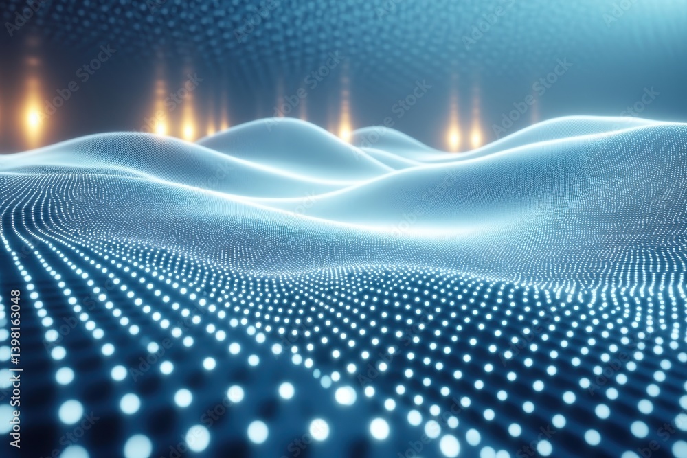 Poster abstract digital landscape featuring illuminated wave patterns and glowing dots in a dark setting