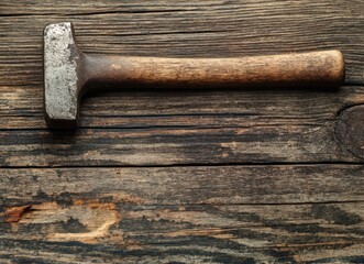 old hammer on wooden table, labor day concept, top view