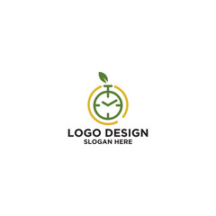Green And Yellow Circular Clock Logo Design With Leaf