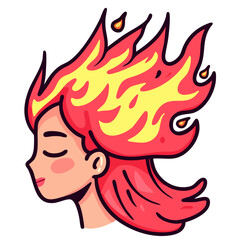 Woman with her head and hair on fire, girl in emotional anxiety distress, depressed and tired, unhappy with eyes closed and hair burning, doodle cartoon character, isolated simple vector illustration
