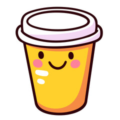 Happy paper take away coffee cup with lid, closed to go soda cup, hand drawn doodle cartoon character clip art, kawaii isolated cute simple vector illustration