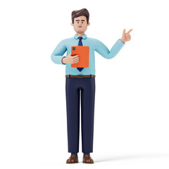 Man holding tablet, pointing upwards, symbolizing idea sharing or digital collaboration. 3D rendering, conceptual image. Isolated on white background.