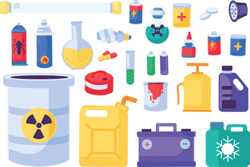 Collection of Chemical Fuel Industry Hazardous Objects. Items out of use and subject to disposal. Recycling of Chemical industrial products. Cartoon vector isolated on white background