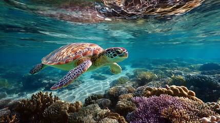 Fototapeta premium underwater shot of sea turtle gracefully swimming through vibrant coral reefs, surrounded by clear turquoise water and sunlight reflections, creating serene and colorful marine scene
