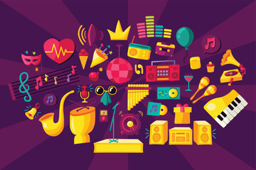 Set of classical and modern musical instruments assembled into large composition. Guitar, drum, saxophone, music scene, piano, melodies, notes and disco elements. Big vector collection