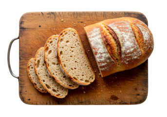 Rustic sliced bread rests on wooden cutting board, top view isolated on white background. Freshly baked artisan loaf captures rustic charm, perfect for bakery or food blog visuals. Truly rustic.