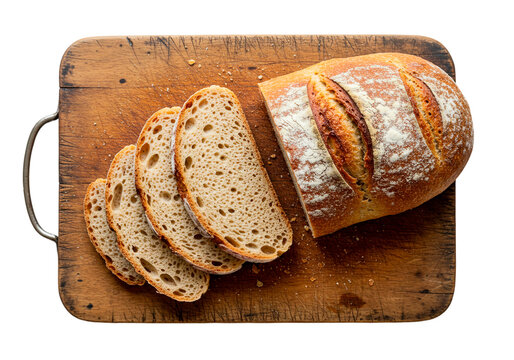 Rustic sliced bread rests on wooden cutting board, top view isolated on white background. Freshly baked artisan loaf captures rustic charm, perfect for bakery or food blog visuals. Truly rustic.