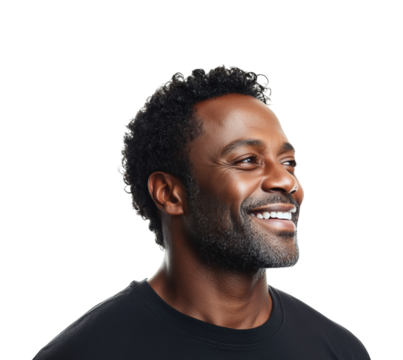 Portrait of a smiling man bright lighting profile view happiness concept. Isolated on transparent background, png.