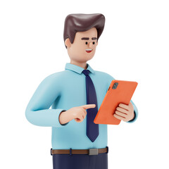 Man holding tablet, pointing upwards, symbolizing idea sharing or digital collaboration. 3D rendering, conceptual image. Isolated on white background.