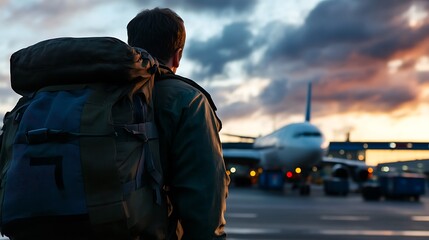 Sunset Departure Backpacker Awaits Flight.