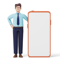 Man presenting a large phone screen, symbolizing technology demonstration or digital marketing. 3D rendering, conceptual image. Isolated on white background.