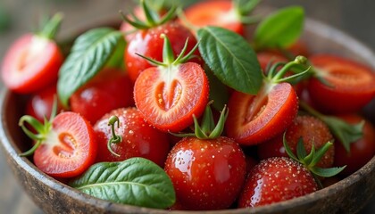 Fresh, Vibrant Cherry Tomatoes and Basil in Bowl