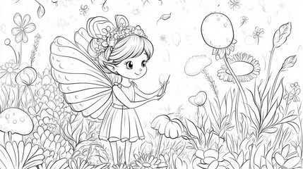 A whimsical line drawing of a fairy sitting among flowers, interacting with a butterfly, creating a magical garden scene.