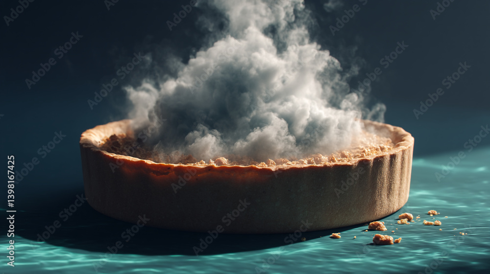 Poster a pie filled with clouds on a teal surface with crumbs scattered around the base of the pie crust