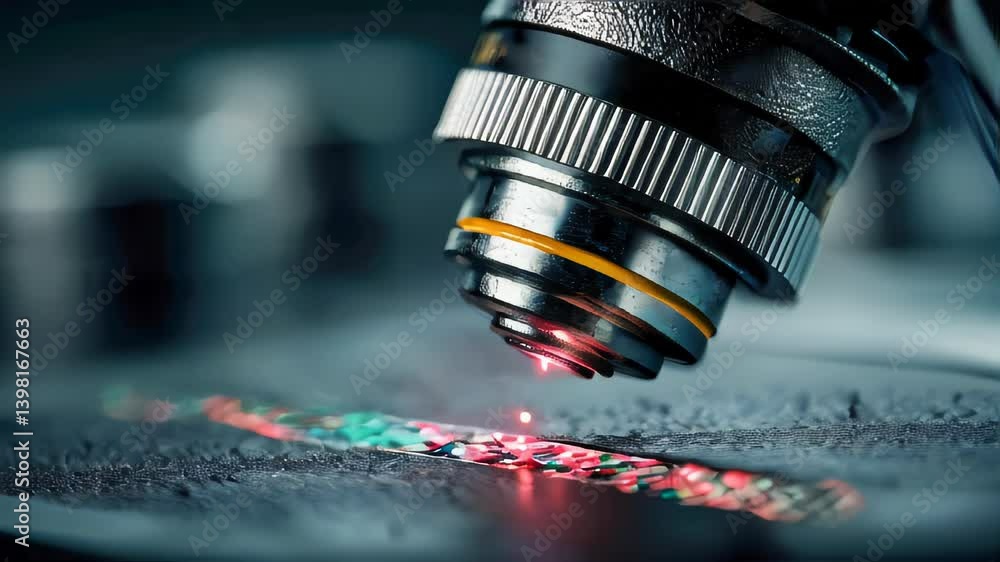 Poster close-up of a microscope scanning a glowing dna strand with laser precision in a laboratory setting